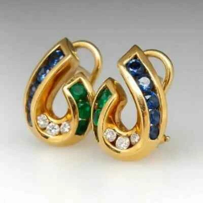 1.80Ct Lab Created Sapphire/Emerald Diamond Hoop Earrings 14K Yellow Gold FN - Image 1 of 3