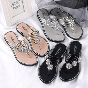 Women Bling Rhinestone flower Slide Flat Jelly Sandal Flip Flops Thong Open Toe - Picture 1 of 19