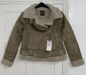ZARA BEIGE FAUX SUEDE BIKER DOUBLE-FACED BIKER JACKET SIZE M BNWT - Picture 1 of 11