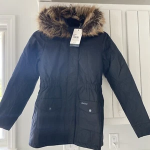 Barbour Coat Jacket Girls Navy Tern Waxed Faux-Fur Trim Hooded S 6/7 $250 - Picture 1 of 15