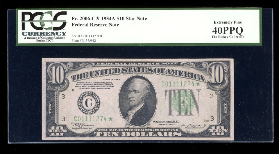 DBR 1934-A $10 Philadelphia STAR Fr. 2006-C* PCGS XF-40 PPQ Serial C01111274* - Image 1 of 2