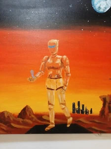 Android Woman Going to Earth Acrylic Painting On Canvas - Picture 1 of 6