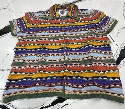 Round Two Knit Button Shirt Short Sleeve Multicolor Textured Striped Size Small - Image 1 of 4