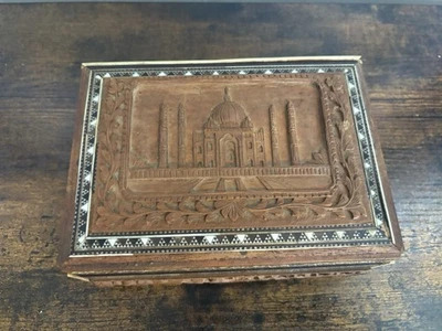 Antique Rare Wooden Marquetry Inlaid Hand Carved Taj Mahal On Lid Jewelry Box - Image 1 of 4