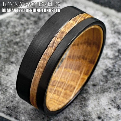 8mm Men's Black Brushed Tungsten Carbide-Whiskey Barrel Wood Wedding Band Ring - Image 1 of 4
