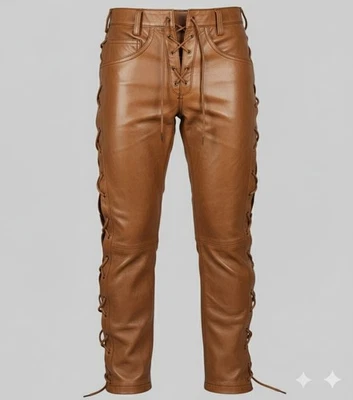 Men’s TAN Real COWHIDE Leather Biker Pants – Side & Front Lace Up Trouser Pant - Image 1 of 2
