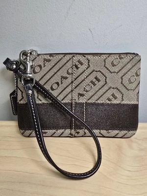 COACH Signature Stripe Lozenge Wristlet in Khaki/Mahogany F41424 - Image 1 of 4