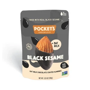 Pocket's 3,53 Unzen SCHWARZER SESAM Hafer Milch Schokolade überzogene Mandeln ** BB 12/2025 ** - Bild 1 von 2