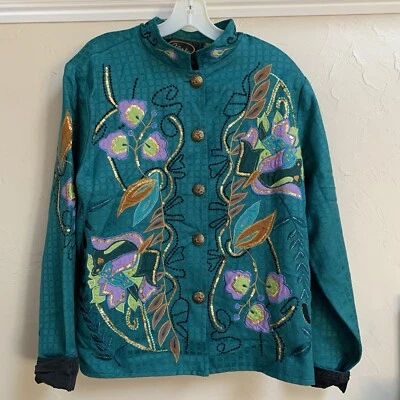 Alex Kim Floral Embroidered Sequin Boho Jacket Women's Plus 1X Green Purple Gold - Image 1 of 4