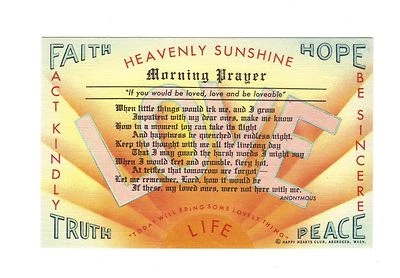HAPPY HEARTS CLUB LINEN POSTCARD HEAVENLY SUNSHINE MORNING PRAYER ABERDEEN WA - Image 1 of 2