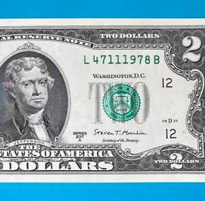 TRAILING YEAR 1978 (L 4711 1978 B) $2 Two Dollar Bill Serial Number 2017A *UNC* - Picture 1 of 4