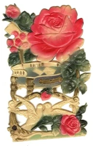 Tarjeta de felicitación de celuloide vintage de la India palomas y rosas - Imagen 1 de 2