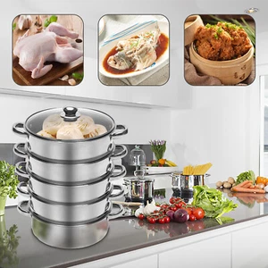 5 Tier Stainless Steel Steamer Cooker Steam Pot Kitchen Food Cooking with Lid - Picture 1 of 12