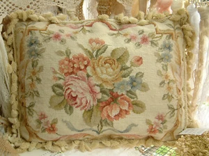 18" So Beautiful Roses Whole Petit Point Country Shabby Chic Needlepoint Pillow - Picture 1 of 5