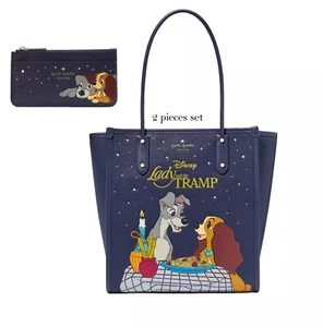 Disney Kate Spade Tote Bag Lady & Tramp Navy Leather shoulder + Card Holder Nwt - Picture 1 of 11