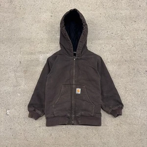 Carhartt Chocalate Brown Duck Quilted Lined Hooded Jacket Youth Sz 7-8 Workwear - Picture 1 of 8