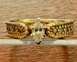 14k Yellow Gold & 1/2ct Marquise Diamond Solitaire Ring w Accents - Laurel Leaf - Picture 1 of 11