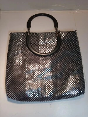 silver beaded sequined purse with black handles - Image 1 of 4
