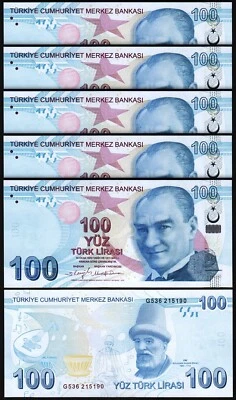 Turkey 100 Lira 2009 - 2024, UNC, 5 Pcs LOT, Consecutive, Prfx G, P-226,New Sign - Image 1 of 4