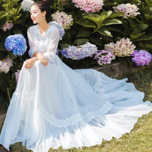 Lady Crochet Lace Sheer Hooded Dress Long Puff Sleeve Tunic Victorian Fairy Chic - Picture 1 of 14