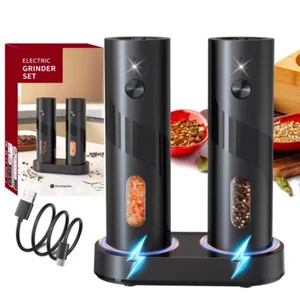 Electric Salt and Pepper Grinder Set with Rechargeable Base LED Light Refillable - Picture 1 of 5