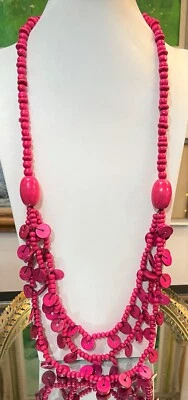 Pink Dyed Wood Multi Strand Layer Bead Disk Necklace - Image 1 of 4