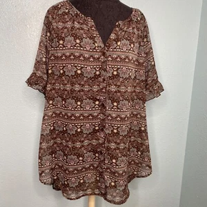 Pretty Rebellious Blouse Shirt Top Women Size XL Brown Floral Sheer Button Down - Picture 1 of 12