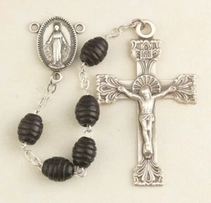 Black Oval Carved Beehive Boxwood Rosary 2-3/16 Inch Religious Crucifix Cross - Picture 1 of 2