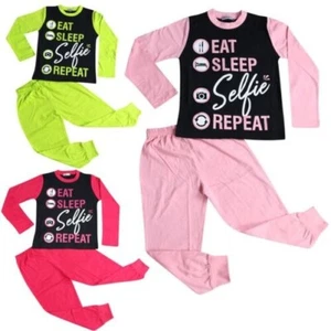 Kids Girls Boys Pyjamas Designer Eat Sleep Selfie Repeat Lounge Wear PJS 2-13 Yr - Picture 1 of 17