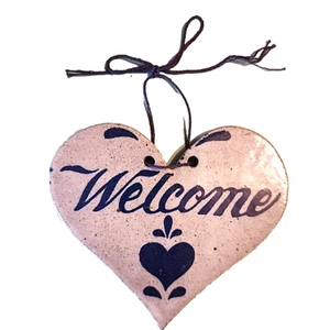 Vintage Stoneware Welcome Heart Shaped Plaque Sign Decor Ceramic Gray Blue 4.5" - Picture 1 of 5
