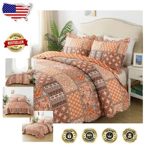 Elegant King Quilt Set - 3 Piece Vintage Floral Coverlet - Retro Orange Design - Picture 1 of 9