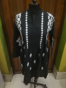 M 41" TUCKS TUNIC 100% COTTON HANDMADE ETHNIC TOP KURTA KURTI CHIKAN EMBROIDERY - Picture 1 of 7