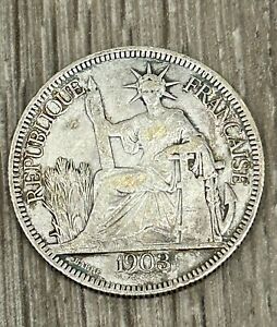 Antique French Indochina 1903 27 GR Silver Piastre Coin From Vietnam