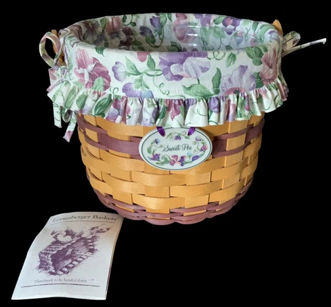 Longaberger 1996 May Series "Sweet Pea" Basket Liner & Tie on Handle & Protector Cover