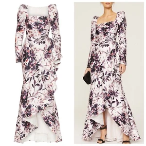 Badgley Mischka Floral Flounce Hem Ruffle Gown Maxi Dress Eggplant Multi Size 6 - Picture 1 of 14