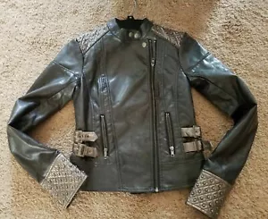 WOMENS BKE OUTERWEAR LEATHER LIKE STUDDED MOTORCYCLE JACKET PEWTER XS - Picture 1 of 9