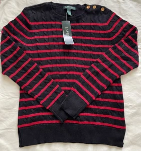 NUEVO CON ETIQUETAS Ralph Lauren Mujer Tejido por Cable Suéter Manga Larga Rojo Negro Algodón Cuello Redondo - Imagen 1 de 4