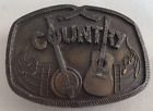 Boucle de ceinture en laiton vintage musique country : banjo, guitare, notes de musique ; 1976
