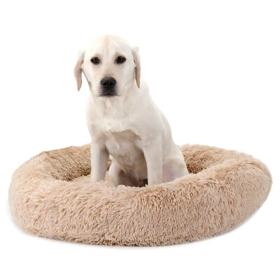 Cama de piel para perros cama para mascotas abrazo de piel sintética redonda suave cama calmante para perros y gatos Foto 1 de 4