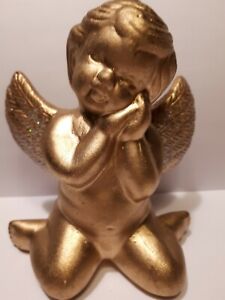  Engel Figur Putto Keramik golden Weihnacht Glitzerflügel 12x10cm Vintage Shabby