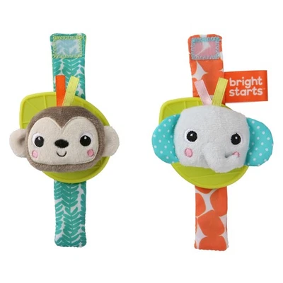 Bright Starts Rattle & Teethe Wrist Pals Toy - Monkey & Elephant, Newborn+ - Image 1 of 4