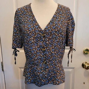 Top floreale blu Topshop boho bohemien zingaro cottage core fiocco cravatta maniche taglia 8 - Foto 1 di 7