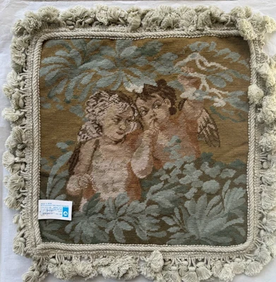 Gossiping Baby Angels Design 14" Hand Crafted Needlepoint Pillow Cover - Image 1 of 3