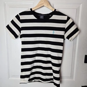 T-shirt donna Ralph Lauren Sport top piccola nera bianca righe girocollo preppy - Foto 1 di 11