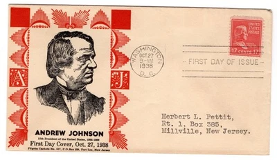 #822 Presidential Series 17c Andrew Johnson 1938 FDC - Pilgrim - Image 1 of 2