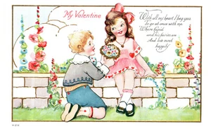 Valentine Boy Girl Flowers Gold Poem Divided Back c.1924 Antique Postcard - Picture 1 of 3