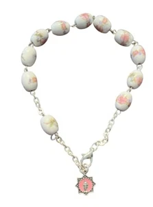 Religious Ceramic Pink And White Oval Bead Rosary Bracelet - Picture 1 of 4