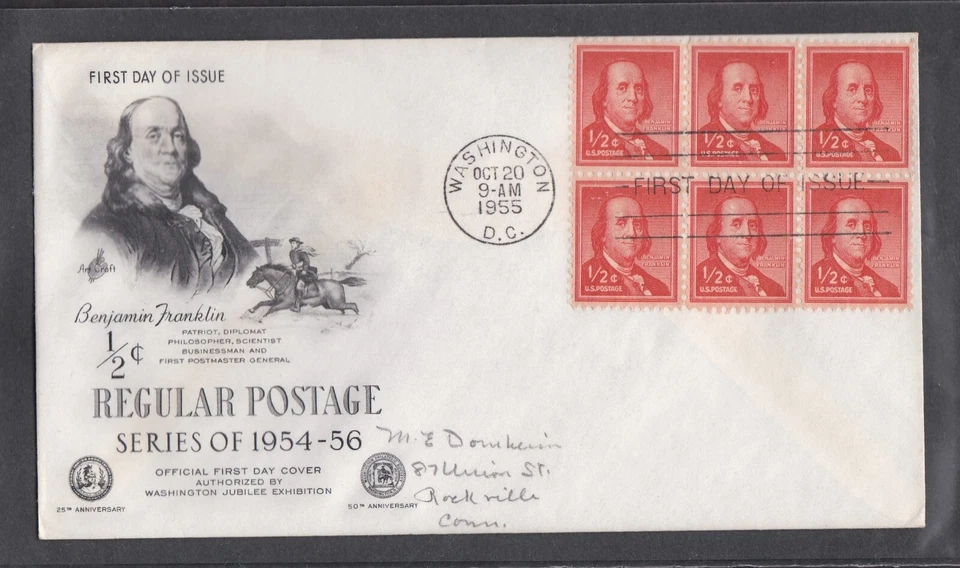 USA 1955 FIRST DAY COVER 1/2c BENJAMIN FRANKLIN IN BLOCK OF 6 + CACHET - Image 1 of 1