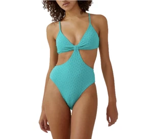 Traje de baño de una pieza con nudo recortado de algodón en el cuerpo para mujer, azulejo geo verde azulado, S (6443) - Imagen 1 de 4