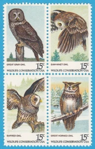 1978 WILDLIFE CONSERVATION OWLS STAMP GRAY HORNED BARRED WHET BIRD BLOCK 15c MNH - Picture 1 of 1